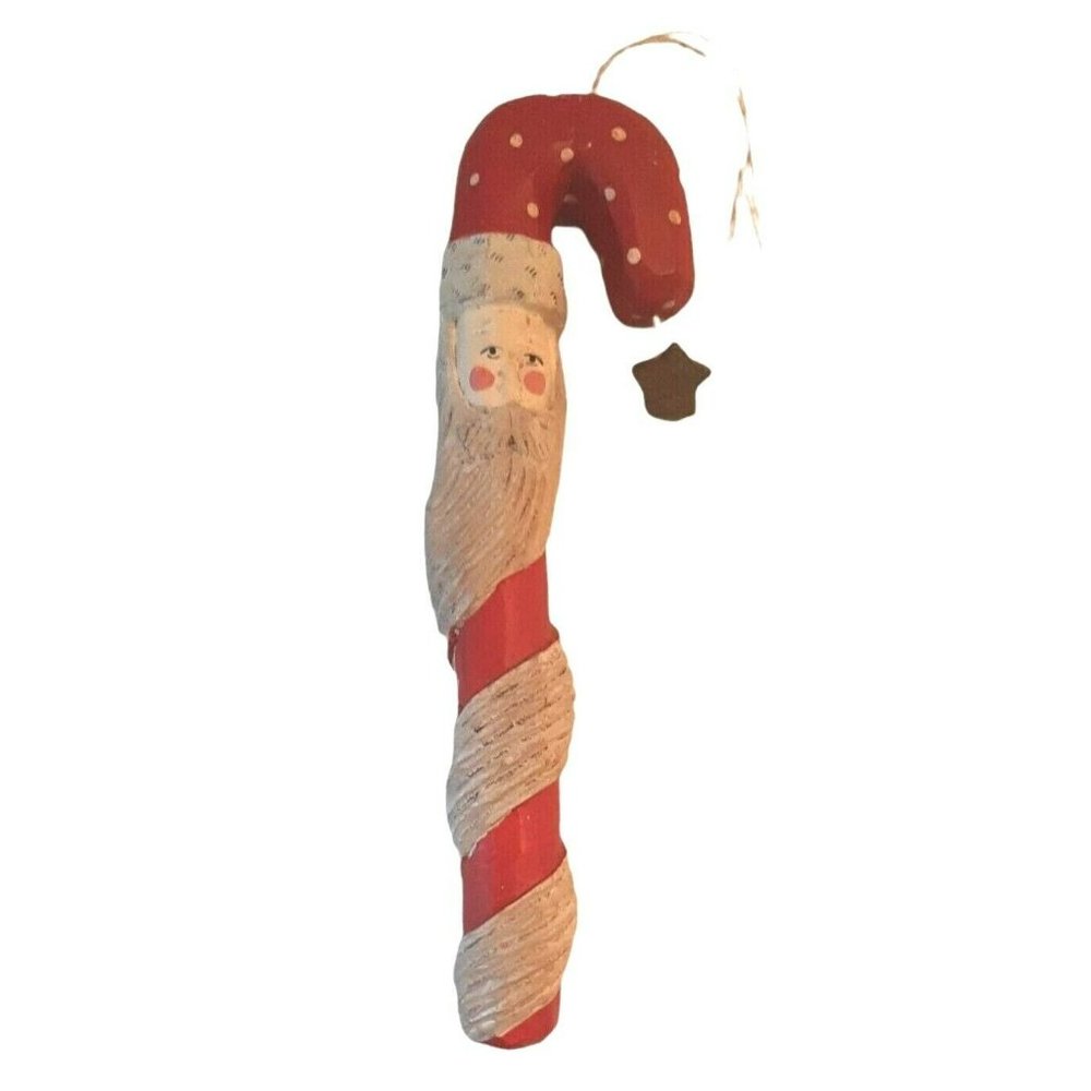 Candy Cane Santa Ornament Homespun Carved Christmas 7 inch